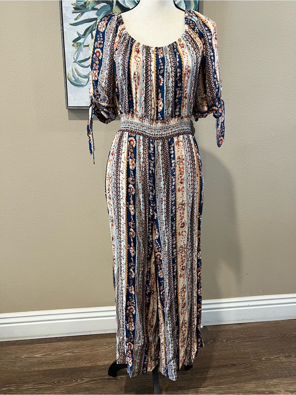 AUW Navy and Cream Printed Boho Jumpsuit